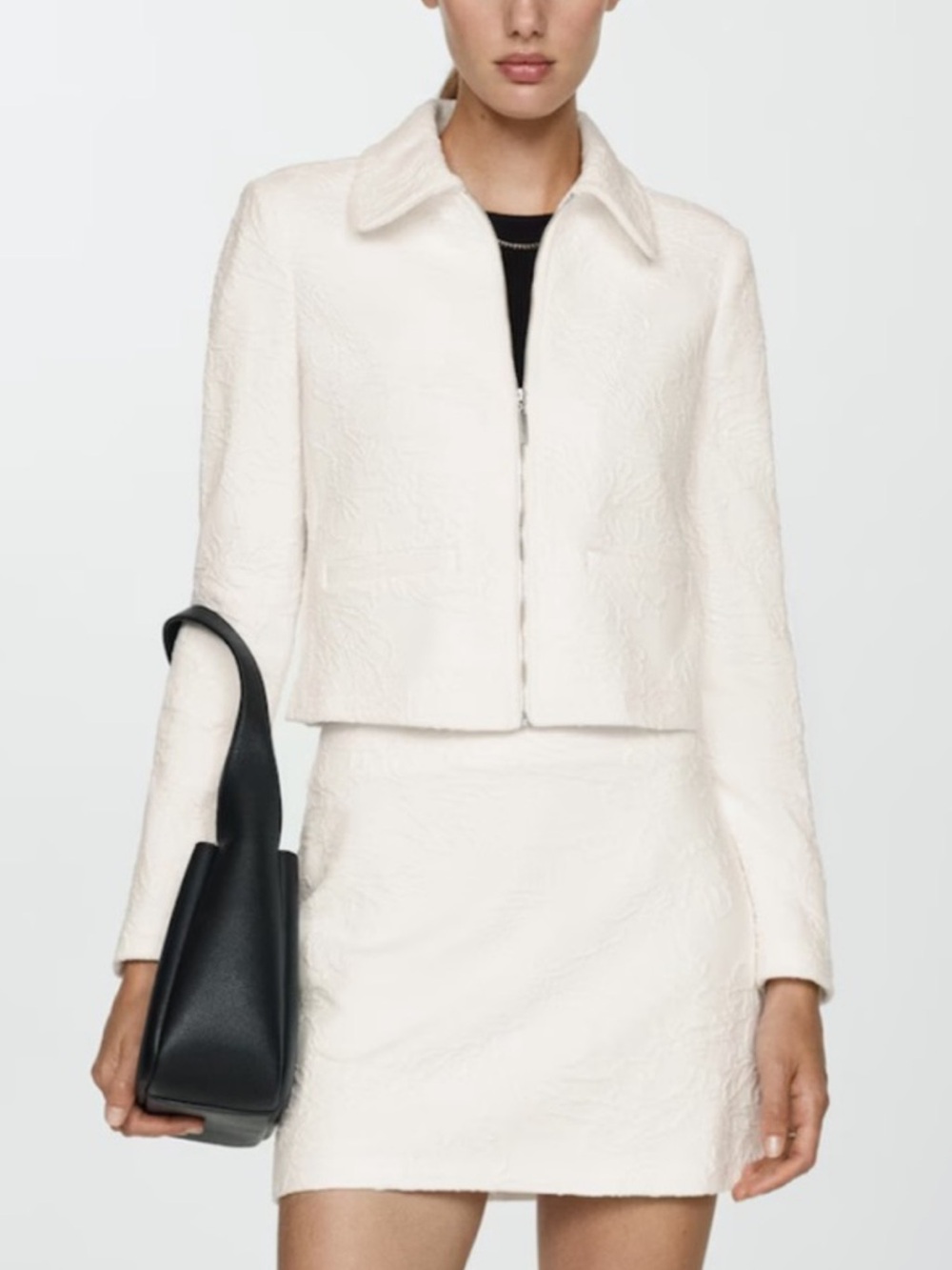 Mango Ivory Cropped Textured Zip Jacket and skirt